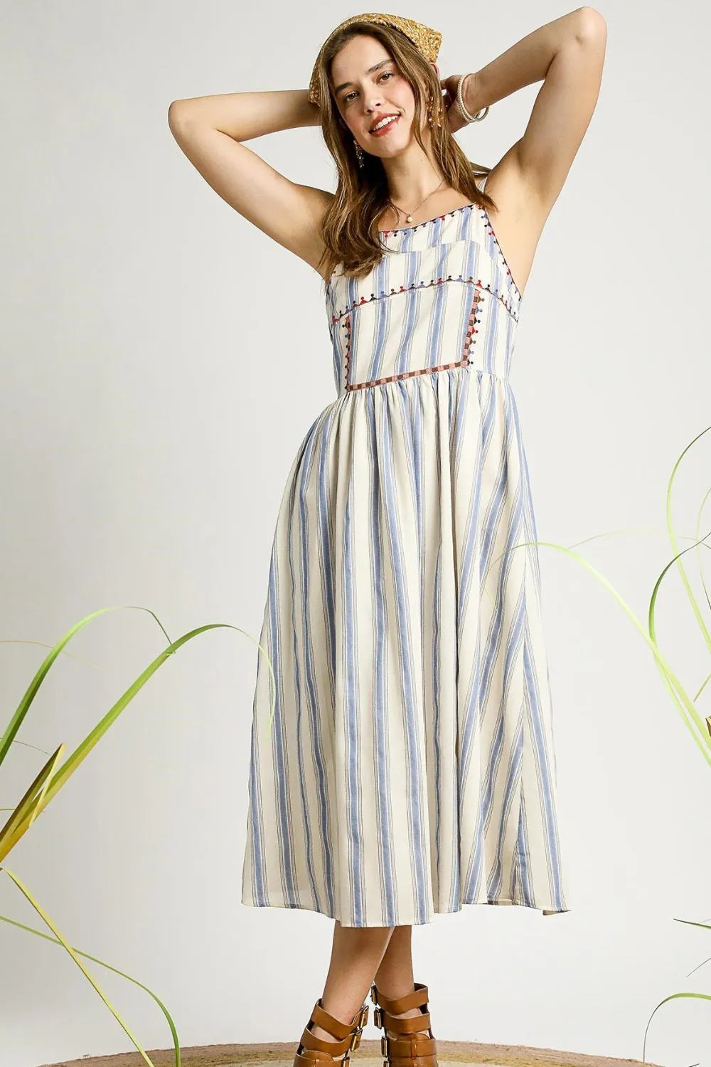 Umgee Striped Colorful Embroidered Trim Cami Dress